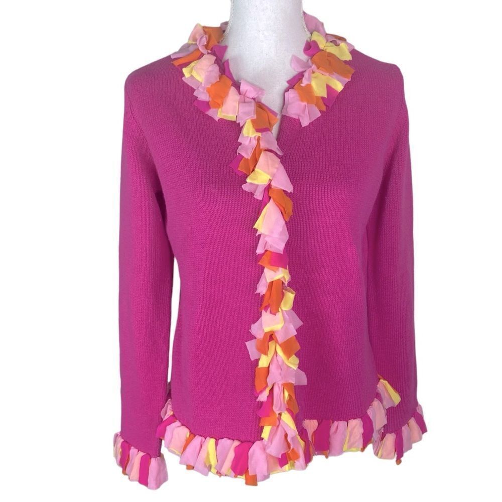 Mandal Bay Hot Pink Orange Yellow Mesh Fringe Trim Button Cardigan Sweater SM P - Picture 2 of 5